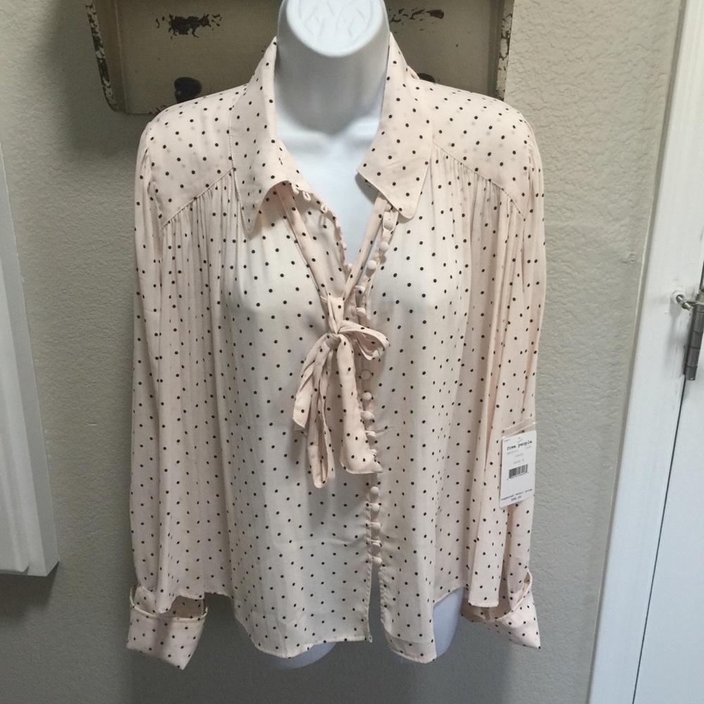 Free People Kennedy Button Top NWT Ivory PolkaDot